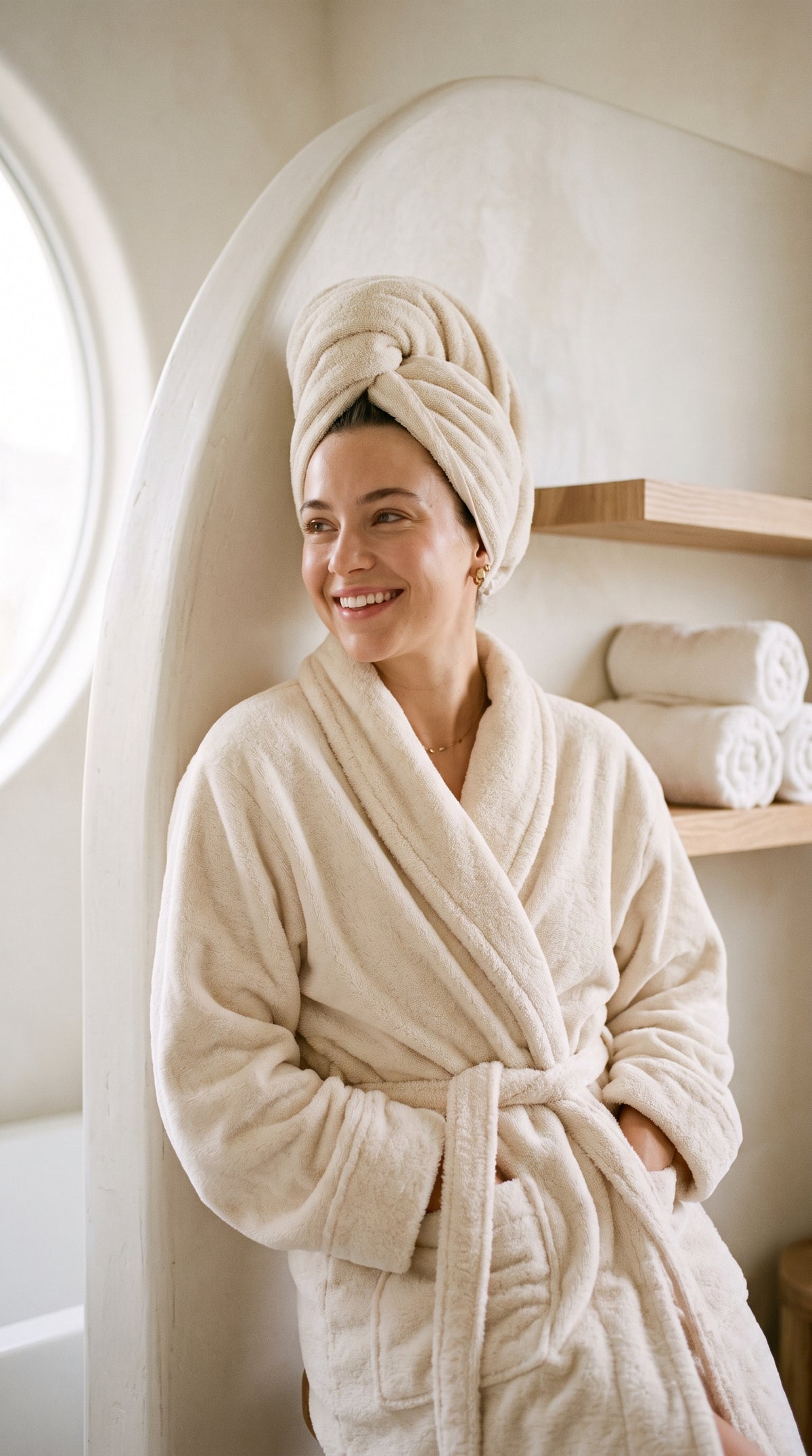 Woman_Smiling_Standing_Wearing_Robe