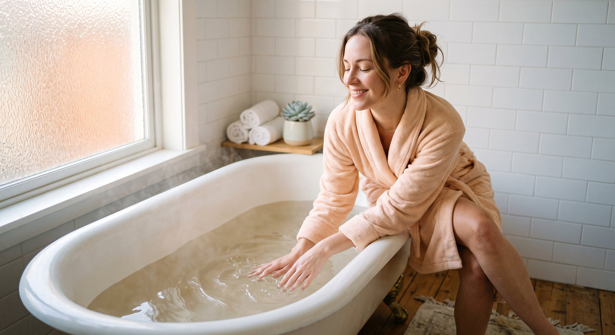 Woman feeling the tempature of her bath